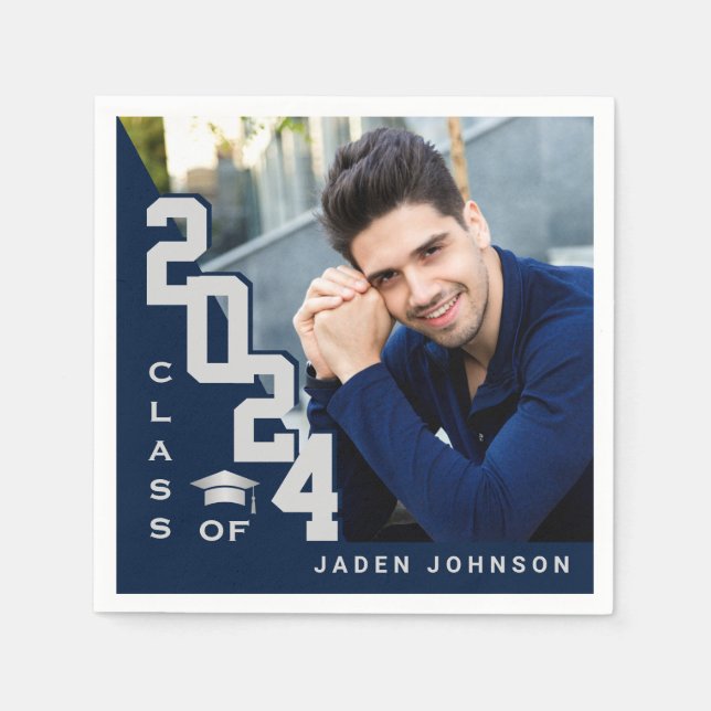 Class of 2024 Silver Navy PHOTO Graduation Party Napkins (Front)