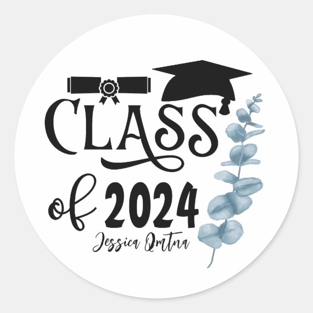 Class Of 2024 simple black and white Classic Round Sticker (Front)