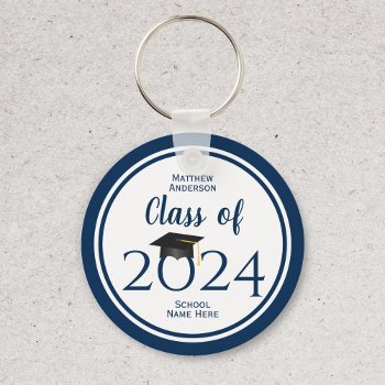 Class Of 2024 Simple Elegant Navy Blue Graduation Keychain by littleteapotdesigns at Zazzle