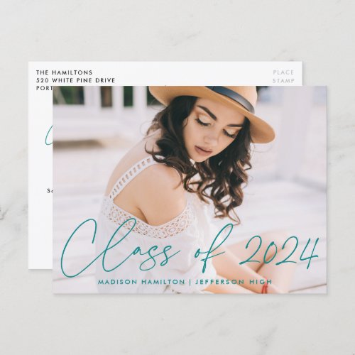 Class of 2024 Teal Script Photo Graduation Party Invitation Postcard