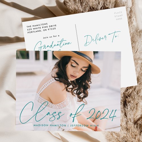 Class of 2024 Teal Script Photo Graduation Party Invitation Postcard