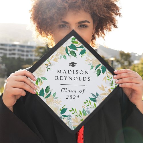 Class of 2024 Watercolor Green White Gold Floral Graduation Cap Topper