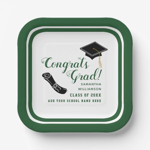 Class of 2024 White and Green Congrats Grad Paper Plates