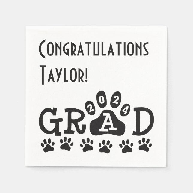 class of 2024 white black grad paw prints napkins (Front)