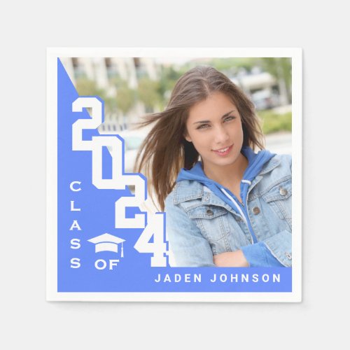 Class of 2024 White Navy PHOTO Graduation Party Napkins