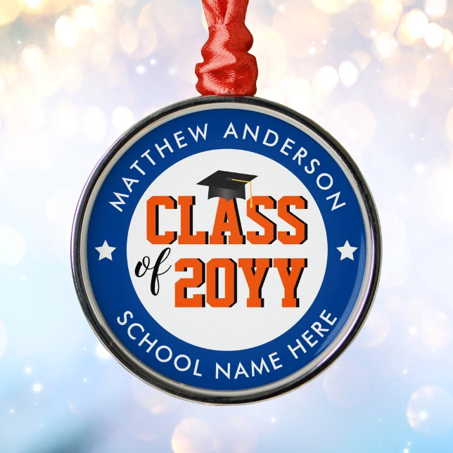 Class of 2025 2026 Blue Orange Graduate Graduation Metal Ornament (Creator Uploaded)