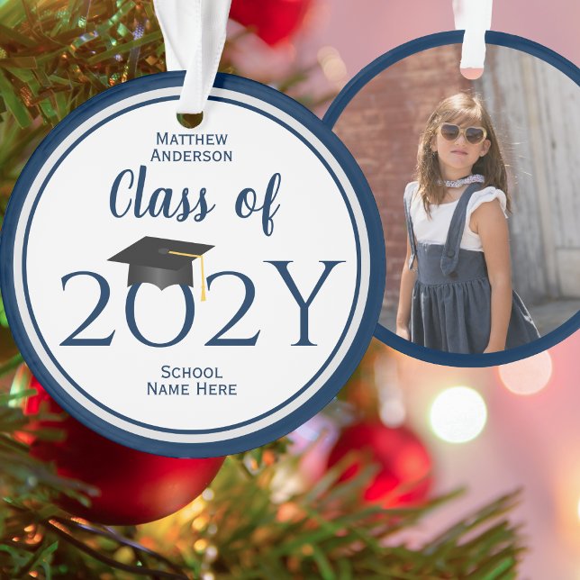 Class of 2025 2026 Navy Blue Graduation Photo Ornament (Creator Uploaded)