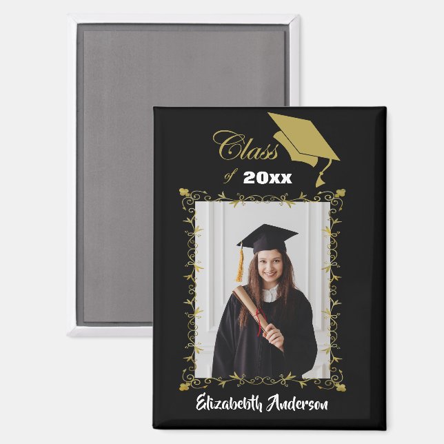 Class of 2025 Black Gold Cap Brush Script Photo Magnet (Front/Back)