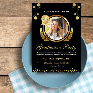Class of 2025 Black & Gold Elegant Graduation Invitation