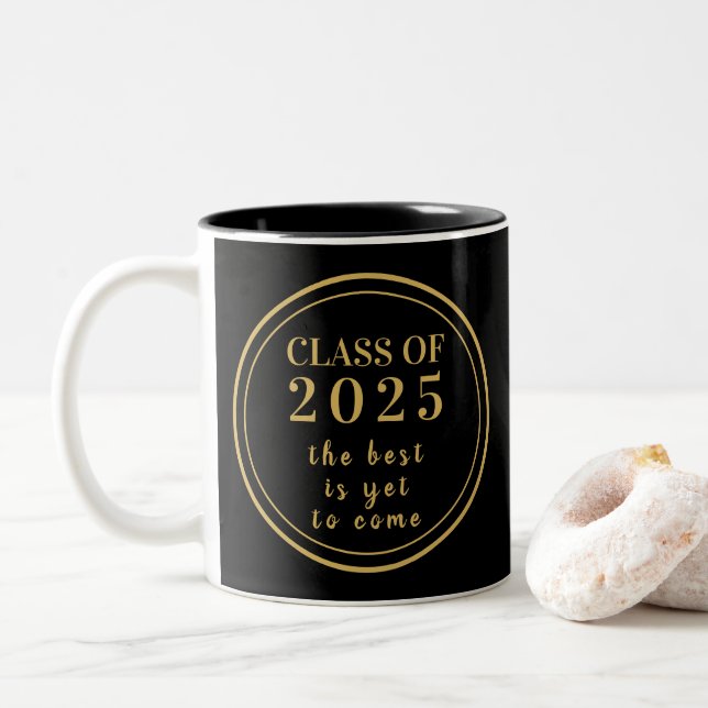 Class of 2025 Black Gold Monogram Graduation  Two-Tone Coffee Mug (With Donut)