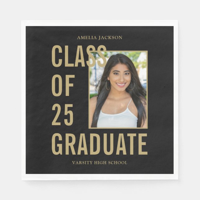 Class Of 2025 Black & Gold Photo Graduation Paper Napkins (Front)