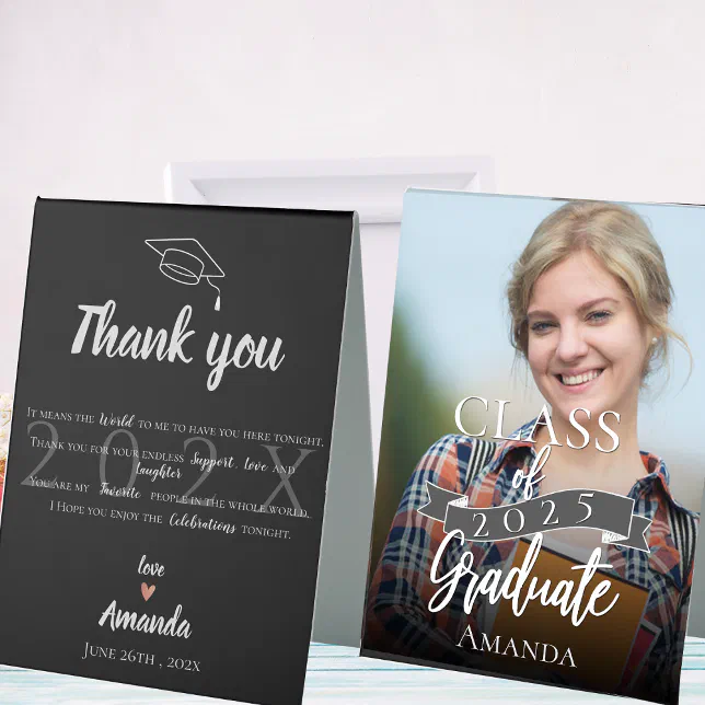 Class of 2025 Black Photo Graduation Thank You Table Tent | Zazzle