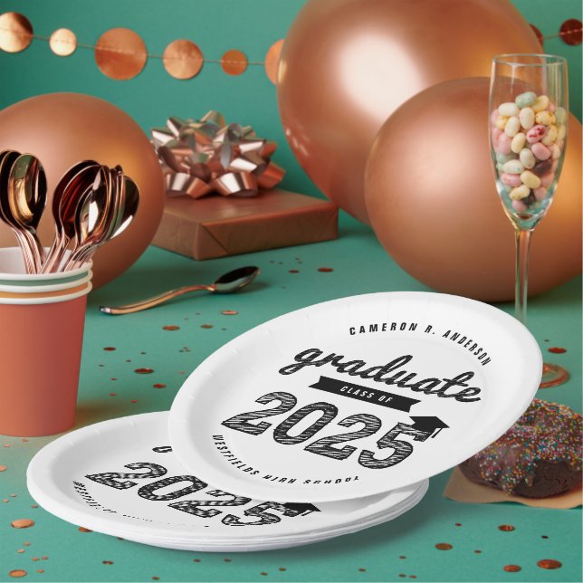 Class Of 2025 Black Sketch Graduation Grad Party Paper Plates (Multi)