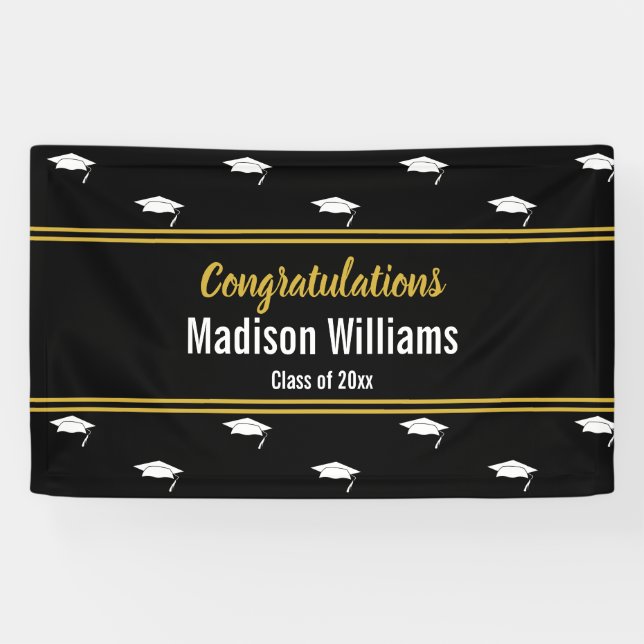 Class of 2025 Black White Gold Graduation Name Banner (Horizontal)