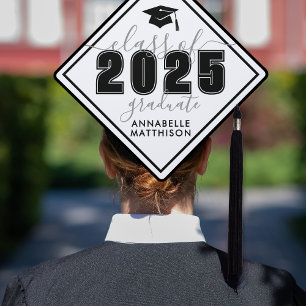 Class Of 2025 Bold Elegant Black White Graduation Cap Topper