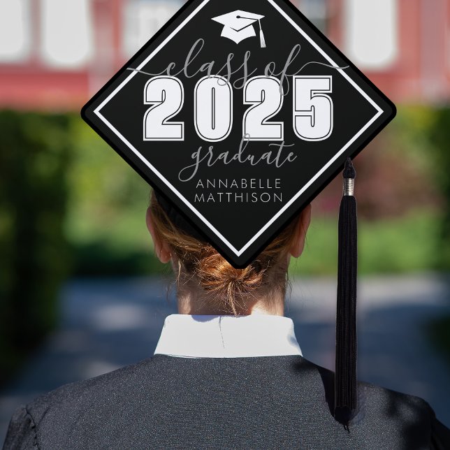 Class Of 2025 Bold Elegant Black White Graduation Cap Topper (Class Of 2025 Bold Elegant Black White Graduation Cap Topper )