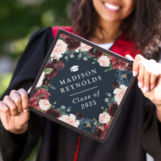 Class of 2025 Burgundy Navy Blue Floral Classy Graduation Cap Topper