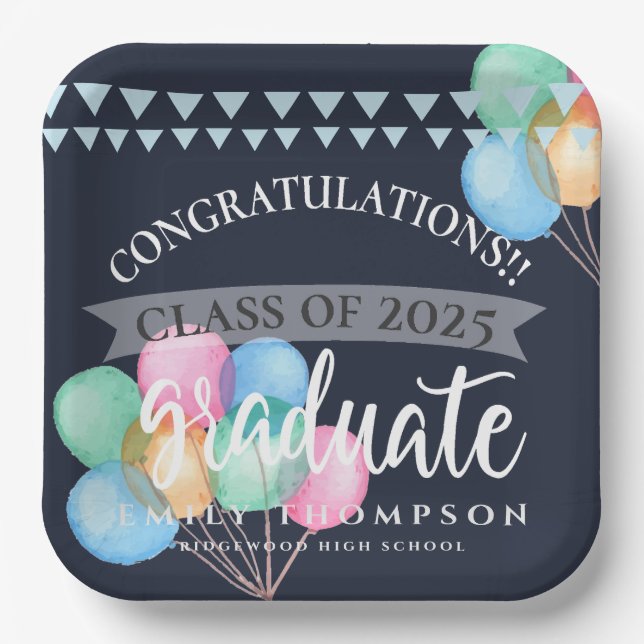 Class of 2025 Celebration Balloon Graduation Party Paper Plates (Front)