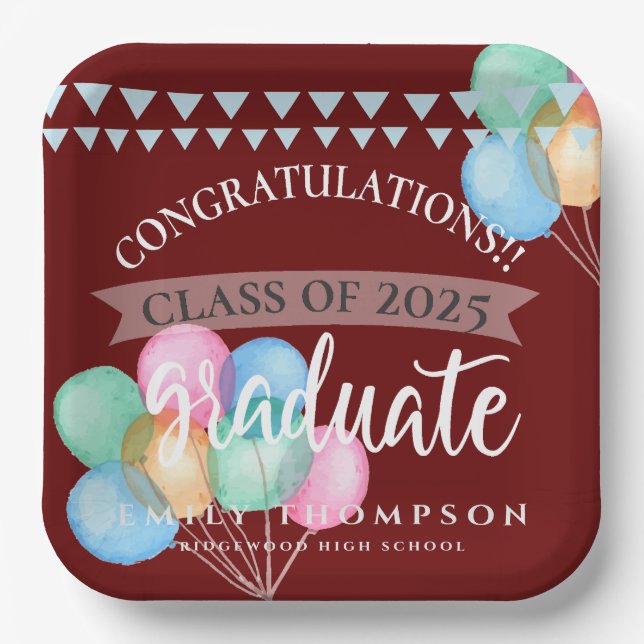 Class of 2025 Celebration Balloon Graduation Party Paper Plates (Front)