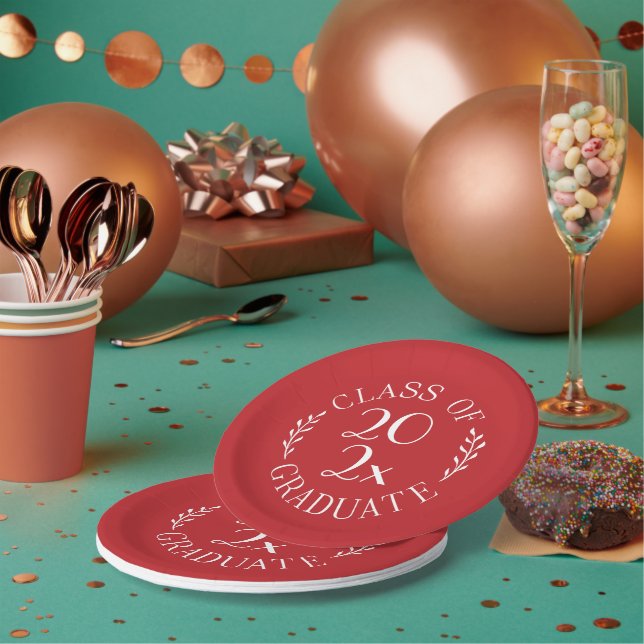 Class Of 2025 Chic Red White Emblem Graduation Paper Plates (Multi)