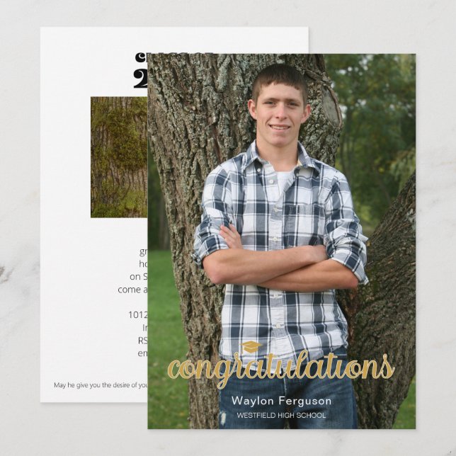 Class of 2025 Christian Gold Photo Graduation Invitation (Front/Back)
