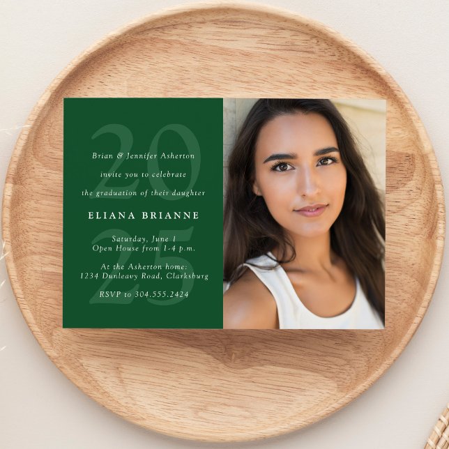 Class of 2025 classic green photo graduation party invitation (Creator Uploaded)