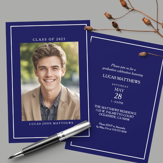 Class of 2025 Classic Navy Custom Photo Graduation Invitation (A classic minimalist graduation invitation to celebrate your graduate's achievement.)