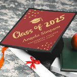 Class of 2025 Crimson Golden Accents Congrats Graduation Cap Topper<br><div class="desc">Celebrate your academic achievement with this stylish cap topper! Its bold crimson background and chic golden graphics make for a modern and memorable look. You can easily tailor the text,  fonts,  and colors to suit your style using Zazzle's intuitive tools.</div>