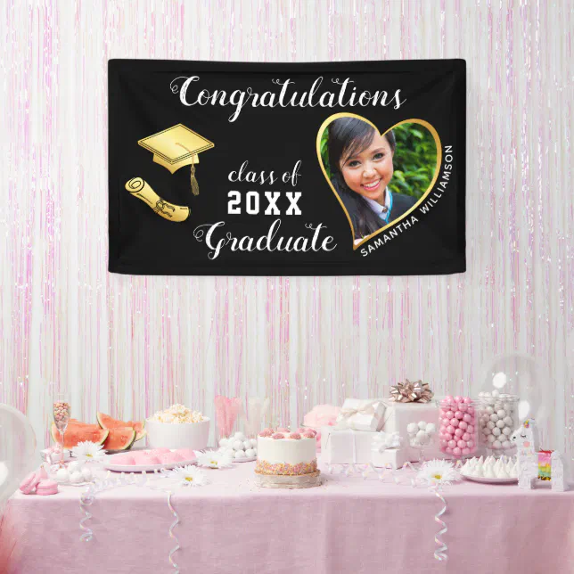 Class of 2025 Custom Photo Black Gold Graduation Banner | Zazzle