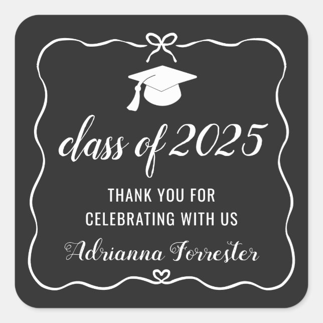 Class Of 2025 Cute Bow Graduate Hat | Thank You Square Sticker (Front)