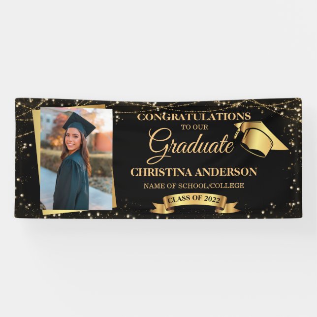 Class of 2025 Elegant Black Gold Graduation Photo Banner (Horizontal)