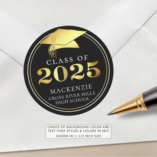 Class of 2025 Elegant Black Gold Personalized Classic Round Sticker