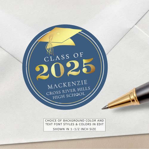 Class of 2025 Elegant Blue Gold Personalized Classic Round Sticker