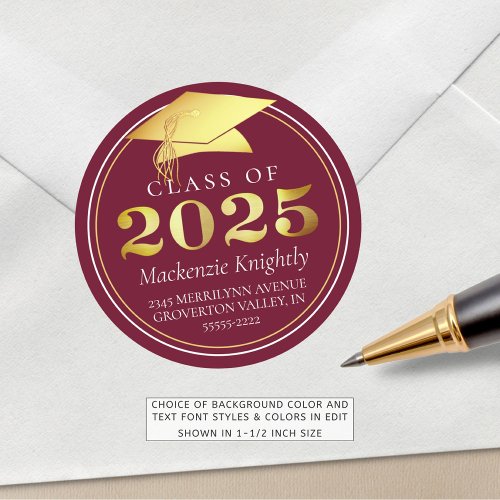 Class of 2025 Elegant Burgundy Maroon Gold Classic Round Sticker