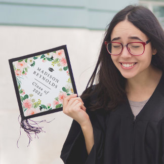 Class of 2025 Elegant Chic Watercolor Blush Floral Graduation Cap Topper