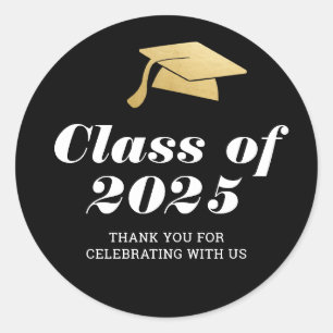 Class of 2025 Elegant Graduate Hat Thank You Black Classic Round Sticker