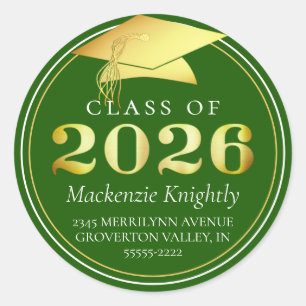 Class of 2025 Elegant Green Gold Return Address Classic Round Sticker