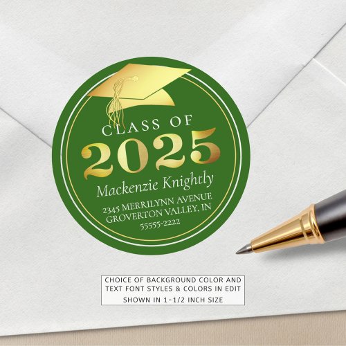Class of 2025 Elegant Green Gold Return Address Classic Round Sticker