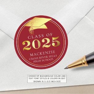 Class of 2025 Elegant Red Gold Personalized Classic Round Sticker