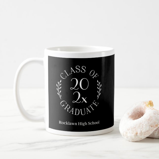 Class of 2025 Emblem School Name Black Graduation Coffee Mug (With Donut)