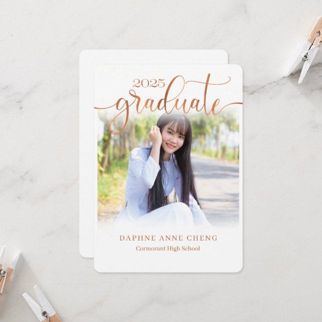 Class of 2025 Faux Bronz Leaf Modern Photo Invitation (Front/Back In Situ)