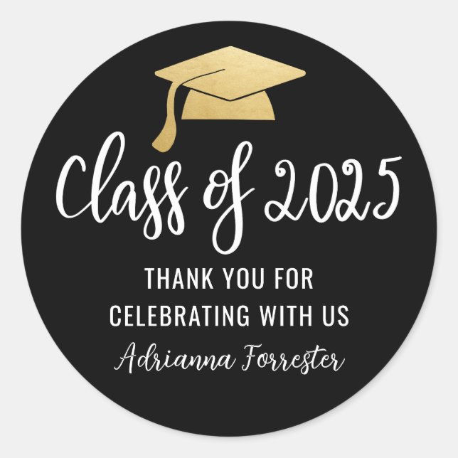 Class Of 2025 Faux Gold Foil Graduate Hat Black Classic Round Sticker (Front)