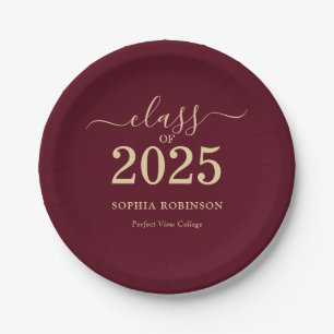 Class of 2025 Gold Burgundy Graduation Party Paper Plates