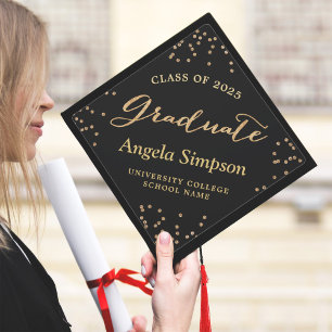 Class of 2025 Gold Confetti Dots Graduate Script Graduation Cap Topper