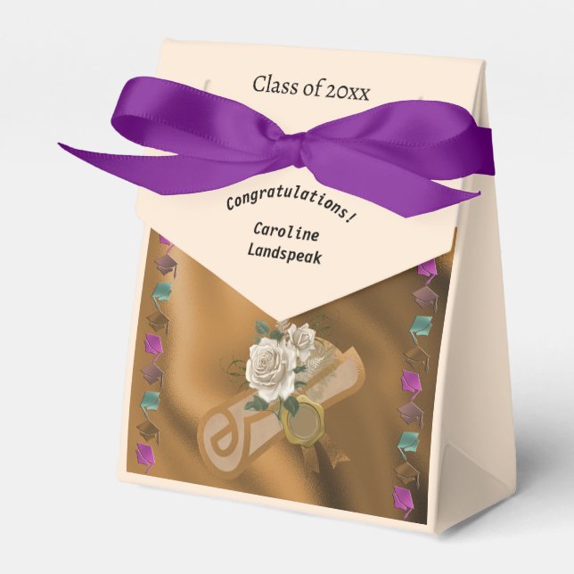 Class of 2025, Gold Foil Diploma, White Roses Favor Boxes (Front Side)