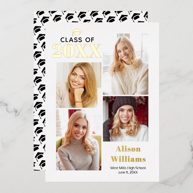 Class of 2025 gold foil graduation 4 photos foil invitation (Front/Back)