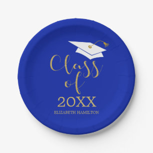 Class of 2025 Gold Glitter Calligraphy Royal Blue Paper Plates