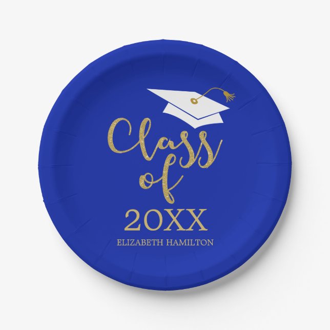Class of 2025 Gold Glitter Calligraphy Royal Blue Paper Plates (Front)