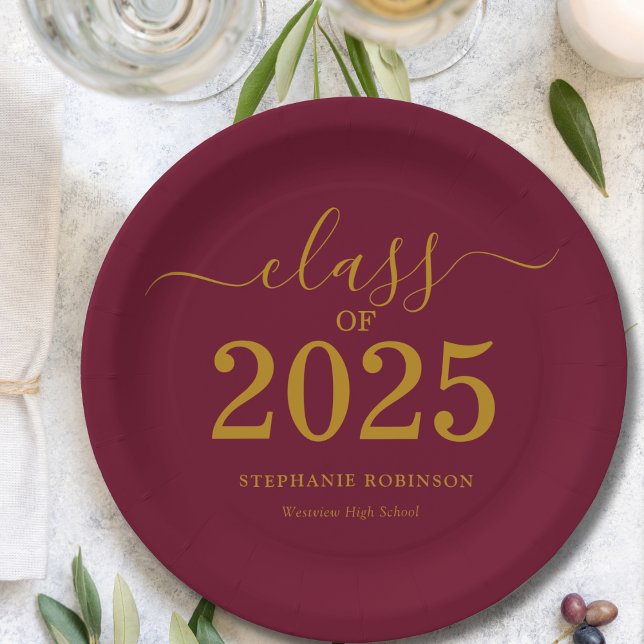 Class of 2025 Gold Maroon Graduation Party Paper Plates (Creator Uploaded)