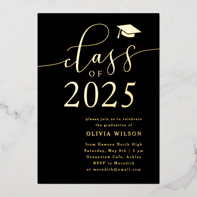 Class of 2025 Grad Party Black Gold Foil Invitation (Front)